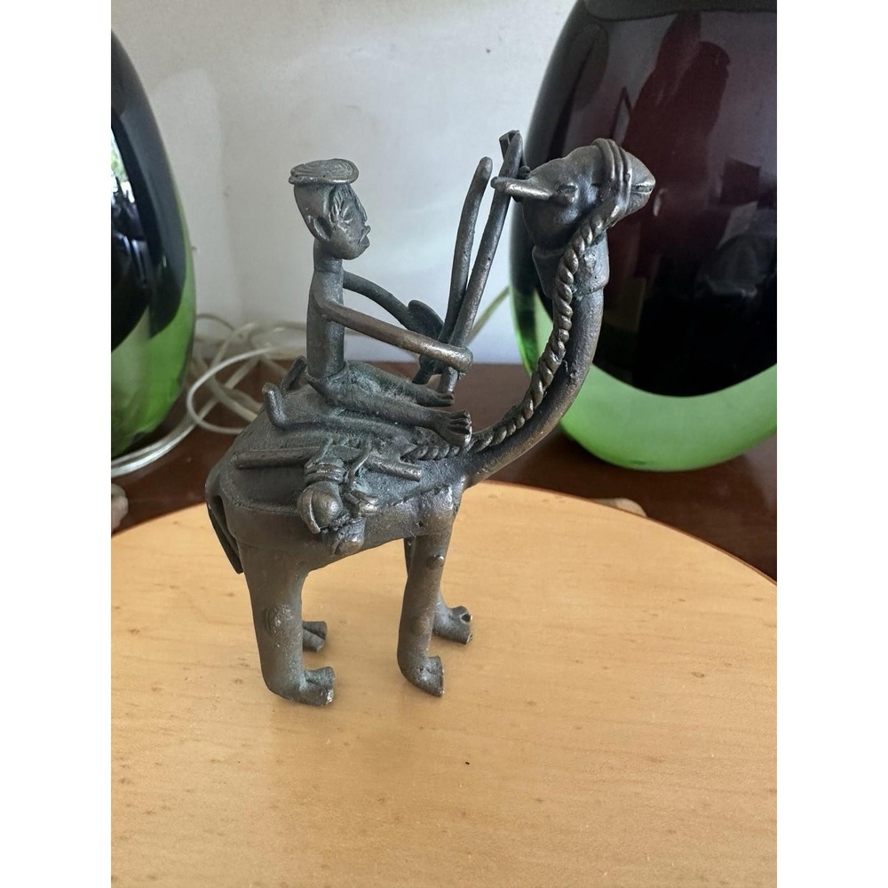 Vintage Bronze Camel Rider Figurine – Tribal Style Metal Sculpture – 5" x 4"